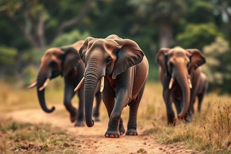 Elephants walking in a line on a blurred background, captured with a DSLR camera at 50mm focal length, f/2.8 aperture, ISO 100, natural light, shallow depth of field, focusing on the lead elephant.