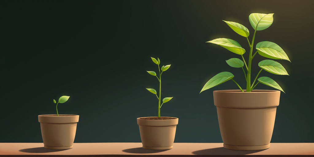 Create an illustration of three potted plants at different growth stages, with the smallest pot containing a sprout, the medium pot featuring a young plant with a few leaves, and the largest pot showcasing a tall, leafy plant, captured with a macro lens at f/2.8, 50mm focal length, and a shallow depth of field for enhanced clarity and detail.