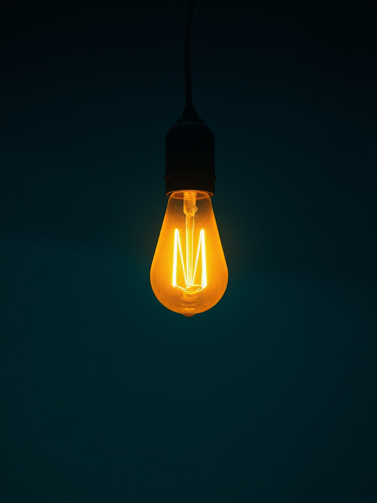 A glowing yellow light bulb hanging from a pendant in a dark blue and green gradient background, captured with a Canon EOS R5, aperture f/2.8, ISO 100, 50mm lens, soft focus with a shallow depth of field.