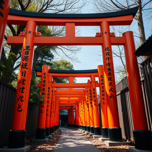 create a high-resolution image of a torii gate pathway with vibrant orange gates and intricate script, using a DSLR camera, 24mm lens, f/8 aperture, ISO 200, 1/125 sec shutter speed, low angle view with natural lighting to capture depth and detail in the surroundings