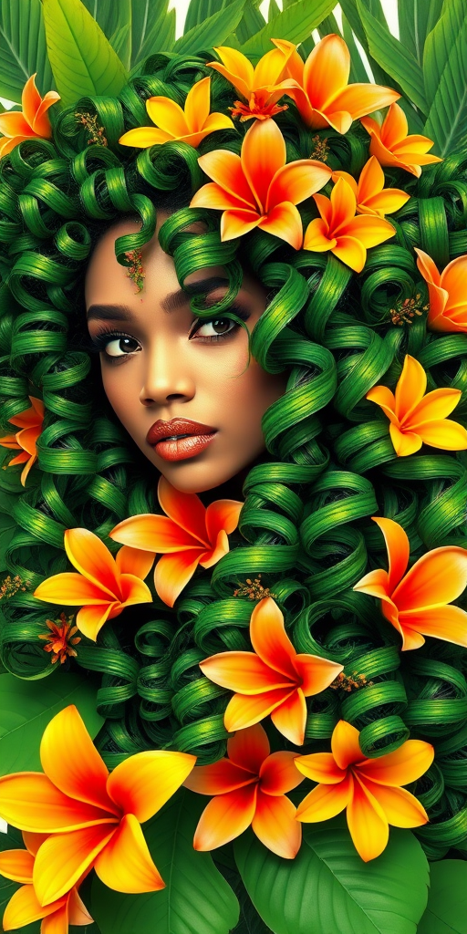 Tropical paradise blend of vibrant greens, yellows, and oranges, styled in voluminous curls adorned with exotic flowers, evoking lush island landscapes