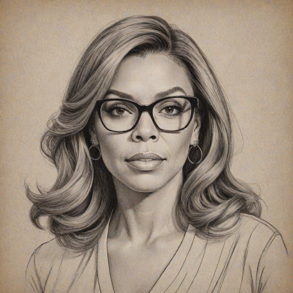 Ravishing Wendy Williams, pencil sketch, portrait of Stunning woman 1950s in glasses, hair style beatnik, outline, clear lines, fine lines, 8k