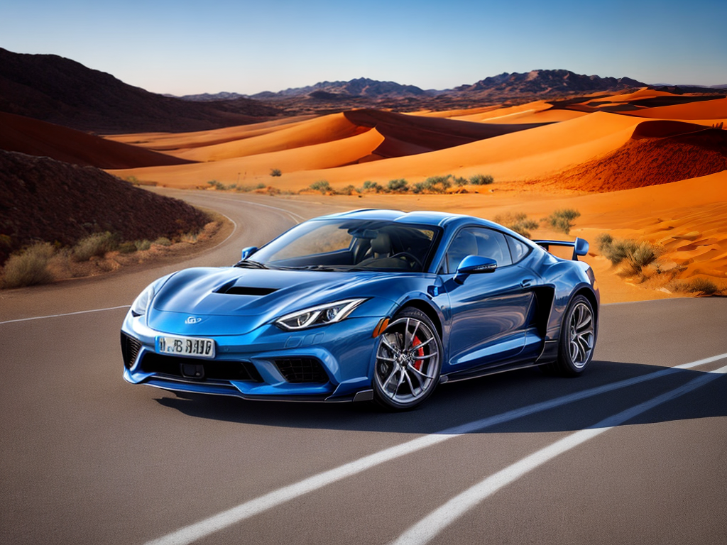 blue and silver fast car on a road in the middle of the desert at dusk