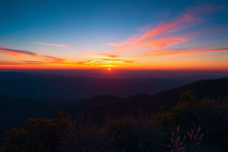 Generate a high-resolution image of a sunset over a mountain landscape with vibrant colors and clear sky, using a DSLR camera with a 50mm lens, aperture at f/8, ISO 100, and a shutter speed of 1/200s, shot from a low angle to emphasize foreground elements and enhance depth.