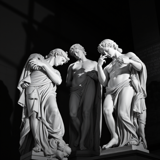 create a high-resolution image of three classical marble sculptures closely interacting with soft dramatic lighting, shoot with a DSLR camera at f/2.8 aperture, ISO 100, 50mm lens, using a low-angle view to emphasize the details and textures of the sculptures, in black and white style for a timeless effect.