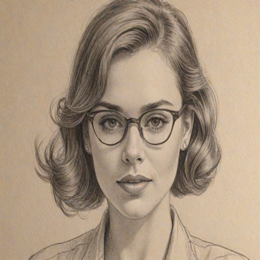 Exquisite Christa B. Allen, pencil sketch, portrait of Fascinating woman 1954s in glasses, hair style beatnik, outline, clear lines, fine lines, 8k