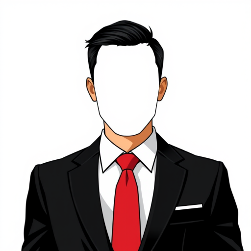 Create a vector illustration of a faceless businessman in a black suit and red tie, close-up shot, using a Canon EOS 5D Mark IV, with aperture set to f/4, ISO 100, and shutter speed 1/125 sec, in a clean, modern style.