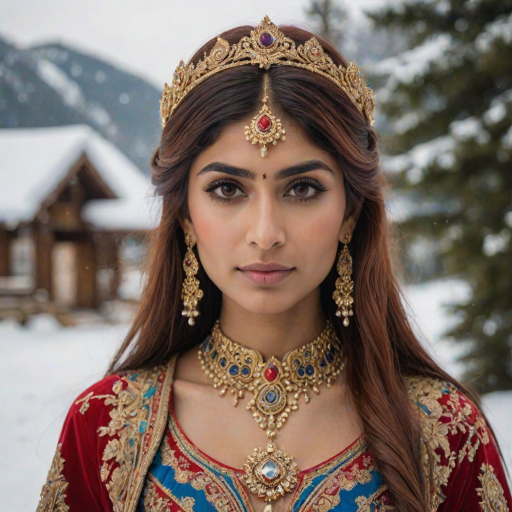mia khalifa with long, flowing red hair, wearing a traditional, ornate red and blue costume with gold accents and intricate embroidery, stands facing the viewer in a close-up portrait. Her hair is styled in a high ponytail and adorned with a pair of golden, winged hairpieces. She wears gold earrings and her makeup is accented with light pink blush and a bright red lip. She has a soft and slightly melancholic expression, with her eyes looking directly at the camera. The background is a blurred, out-of-focus snowy landscape, with the woman in the foreground. The lighting is soft and natural, creating a warm, intimate atmosphere. The image is composed using a shallow depth of field, with the woman as the main focal point. The overall style is elegant, delicate, and fairytale-like.