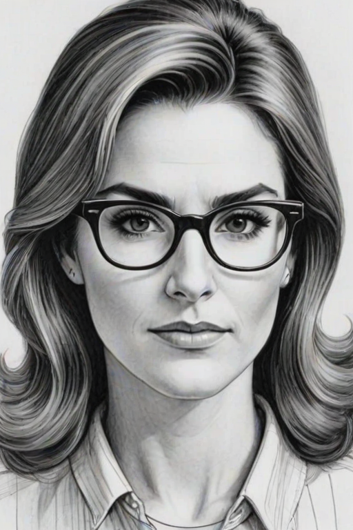Fetching Peri Gilpin, pencil sketch, portrait of Lovely woman 1966s in glasses, hair style beatnik, outline, clear lines, fine lines, 8k