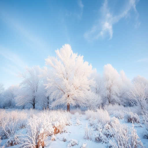Winter landscape with frosted trees and a clear sky, shot with a DSLR camera at f/8 aperture, ISO 100, and a shutter speed of 1/200s, using a wide-angle lens from a low perspective to capture depth and detail.