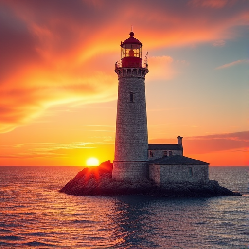Generate an image of a tall lighthouse perched on a rocky outcrop surrounded by calm ocean waters during a breathtaking sunset. The lighthouse stands sturdy and weathered, its stone surface illuminated by the warm golden light of the setting sun. The sun's rays pass directly through the glass lantern room at the top of the lighthouse, casting a brilliant light across the scene. The sky is painted with vibrant shades of orange, pink, and purple, reflecting off the tranquil sea. The surrounding water shimmers with the same warm hues, creating a serene and majestic atmosphere.