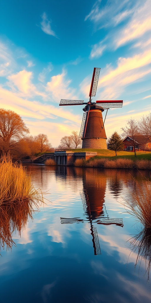 Create a serene landscape image of a windmill by a calm river, emphasizing vibrant colors, soft brush strokes, and reflections on the water, captured with a DSLR camera at f/8 aperture, ISO 100, 24mm lens, in natural daylight.