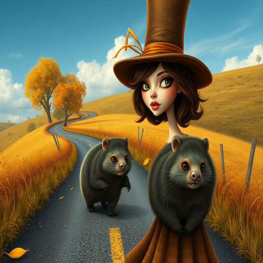 digital art fantasy depicting a strange girl with brown hair, long eyelashes, Yellow lipstick and a tall hat walking along a winding road on an autumn afternoon, an Wombat smiles as she passes