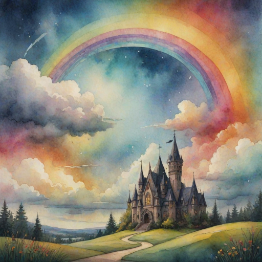 A whimsical and surreal sky with a vibrant rainbow, featuring dramatic lighting effects and a textured watercolor background, with a touch of gothic aesthetic.