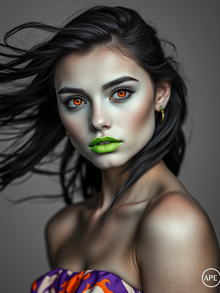Photographic image of a beautiful young Aztec woman, orange eyes, lips with green lipstick, long hair fluttering in the wind and wearing a silk strapless dress with a soft purple and orange print. monochrome image with only color highlights in the iris of the eyes, lipstick and dress. Gray background.