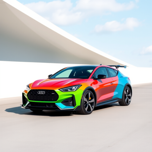 Create a high-resolution image featuring a sleek, modern design of a car with vibrant colors and dynamic angles, shot in natural light with a DSLR camera, 50mm lens, f/2.8 aperture, ISO 100, and a shallow depth of field for enhanced focus.