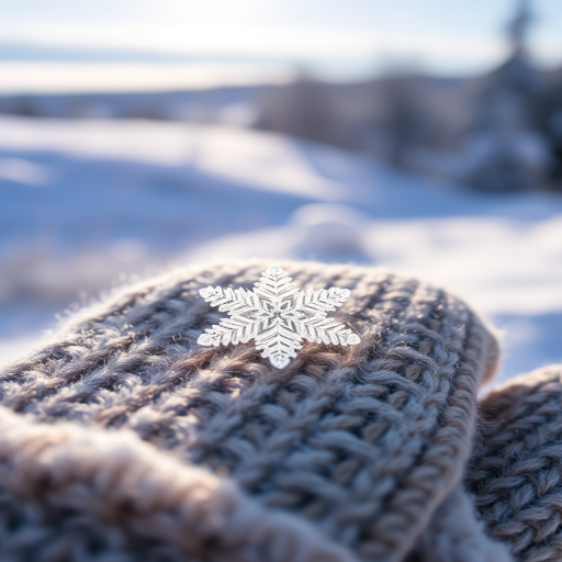 Close-up of a delicate snowflake resting on a woolen mitten, soft natural light illuminating the intricate details, with a snowy landscape softly blurred in the background and a sense of peaceful stillness.