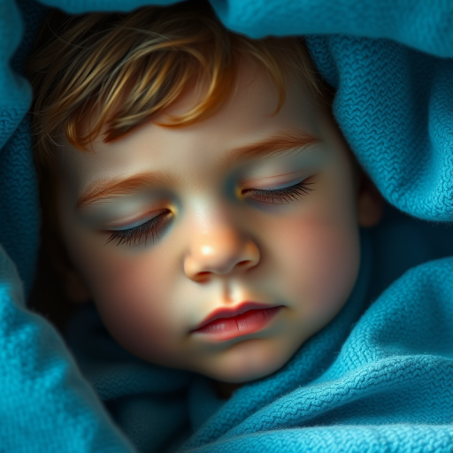 portrait of a young boy lying under a blue blanket with eyes closed, soft lighting for a serene atmosphere, captured with a Canon EOS R5, 50mm lens, aperture f/1.8, ISO 100, shallow depth of field, natural light source, focus on facial expression, highlighting tranquility and comfort