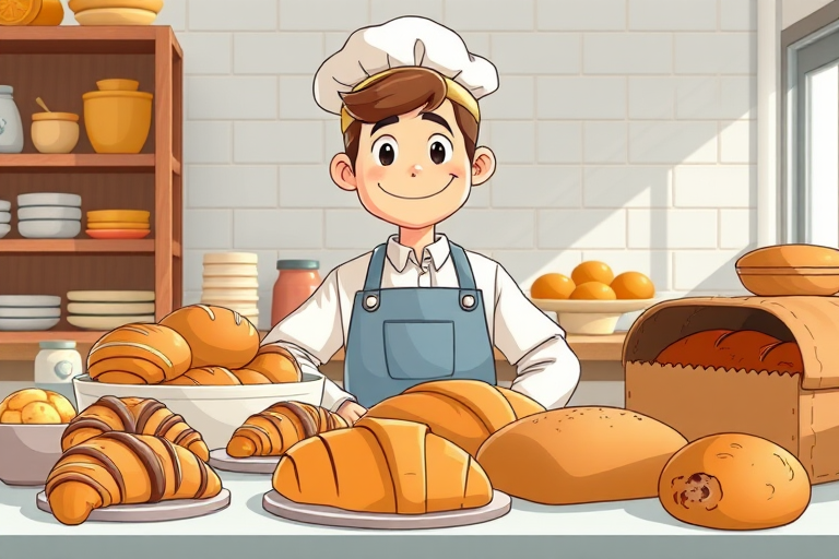 Create an illustration of a cartoon baker standing behind a table covered with various baked goods including croissants and a loaf of bread, use a bright and vibrant color palette, employ a DSLR camera with a 50mm lens, aperture set to f/2.8 for shallow depth of field, with a frontal view and soft natural lighting to enhance image quality.