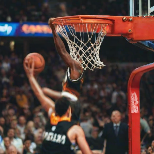 Blurry, high-energy shot of a basketball player making a slam dunk, with the crowd's hands and faces blurred in the background, and the ball just about to pass through the hoop.