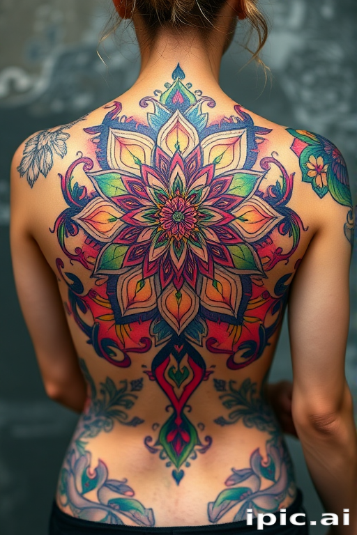 Stunning body tattoo featuring intricate mandala patterns in vibrant watercolor hues, adorning the upper back and shoulders with delicate shading and ethereal wisps