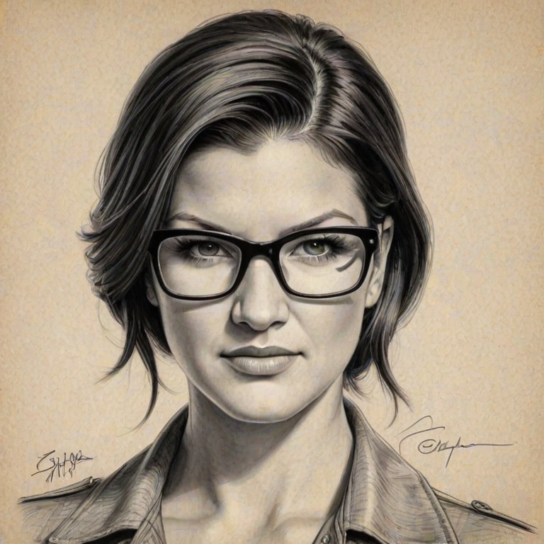 Bewitching Gina Carano, pencil sketch, portrait of Charming woman 1932s in glasses, hair style beatnik, outline, clear lines, fine lines, 8k
