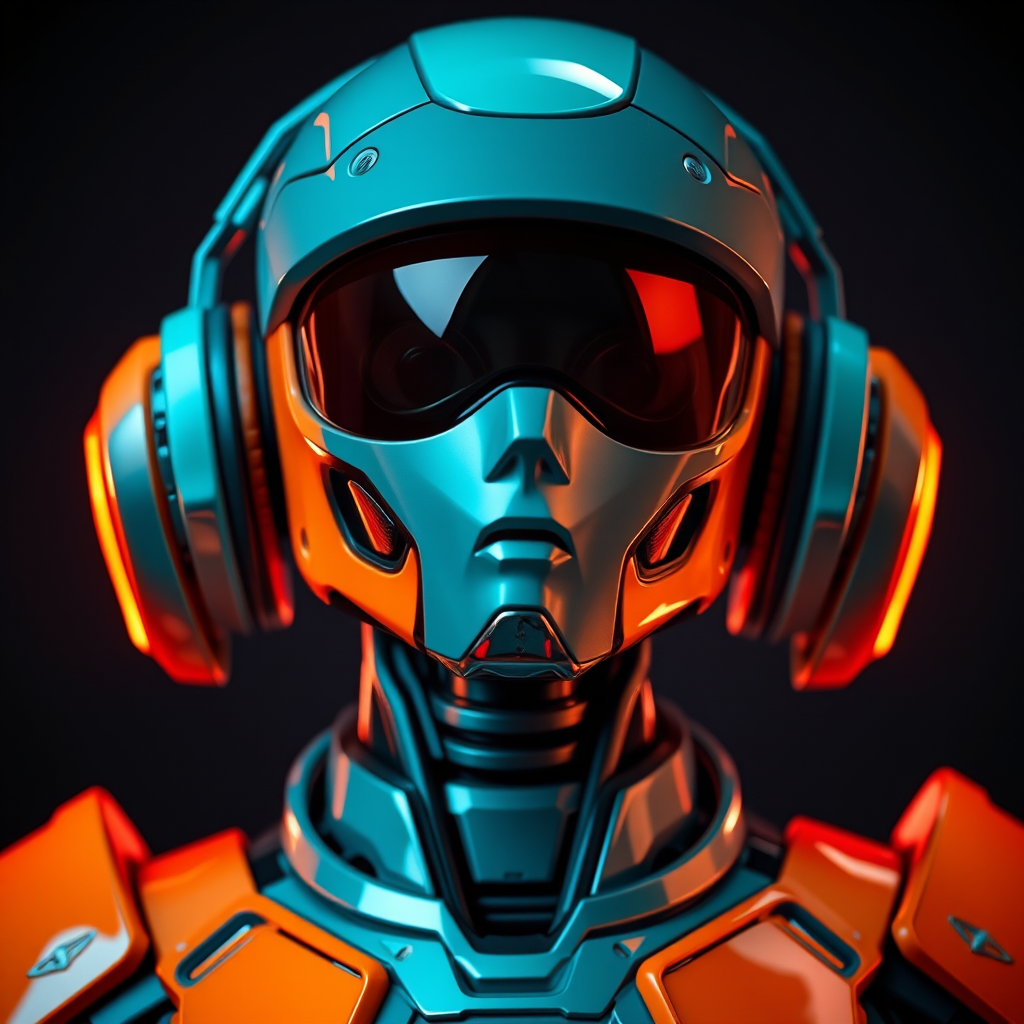 Create a futuristic portrait of a humanoid robot with sleek, glossy armor and vibrant orange and teal color accents, wearing high-tech headphones and reflective visor, shot with a DSLR camera at f/1.8, ISO 100, shutter speed 1/200s, in a close-up view with dramatic lighting against a dark background.