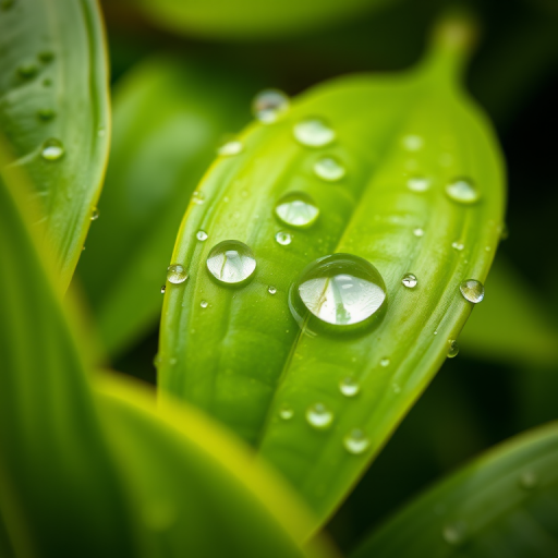 Close-up of vibrant green leaves with water droplets, shallow depth of field, soft natural light, macro lens, ISO 100, f/2.8, shutter speed 1/200 sec, Canon DSLR.