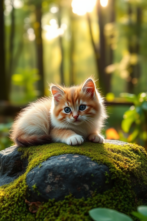 A fluffy kitten resting on a moss-covered stone in a lush, green forest with soft sunlight filtering through the trees, shot with a Canon EOS R5, 85mm lens, aperture f/1.8, ISO 100, shallow depth of field for a dreamy effect.