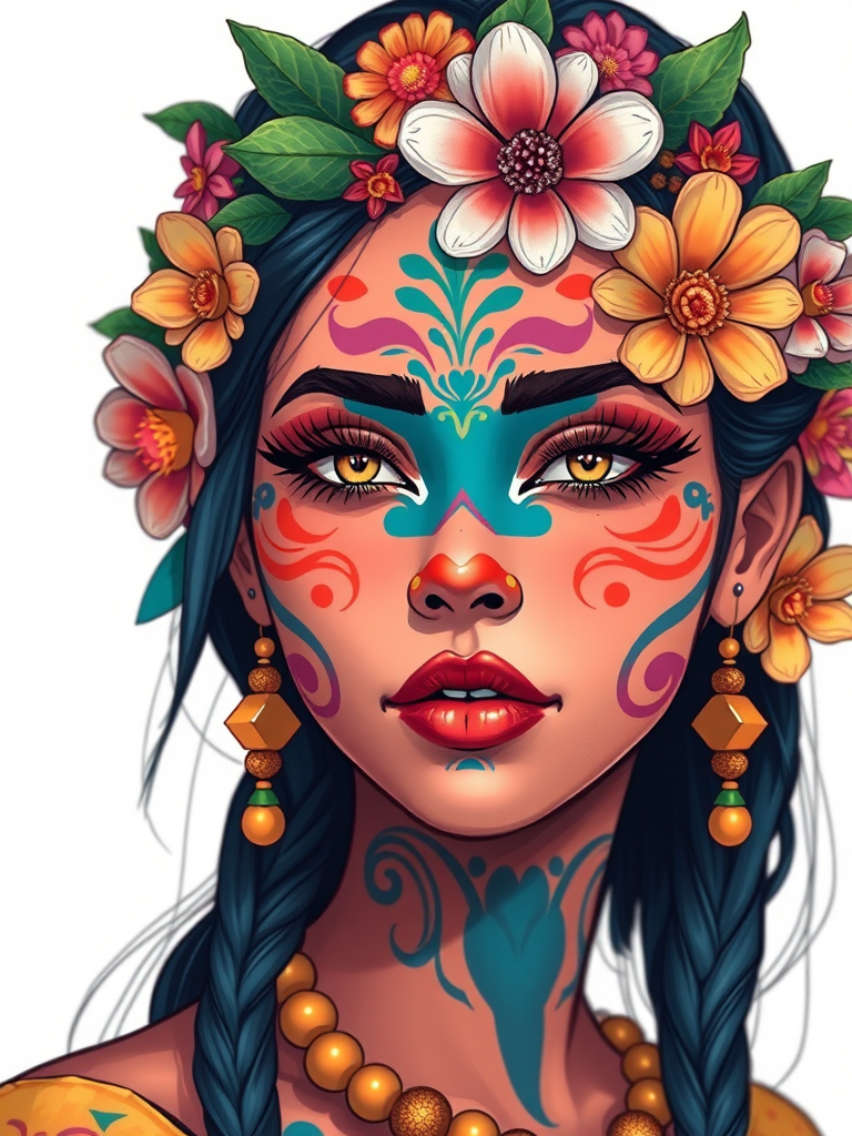 Regenerate an illustration of a female character with colorful floral decorations in her hair and elaborate face paint, using a Canon EOS R5, 50mm lens, f/1.8 aperture, natural lighting, high-resolution close-up, vibrant colors, and sharp details.