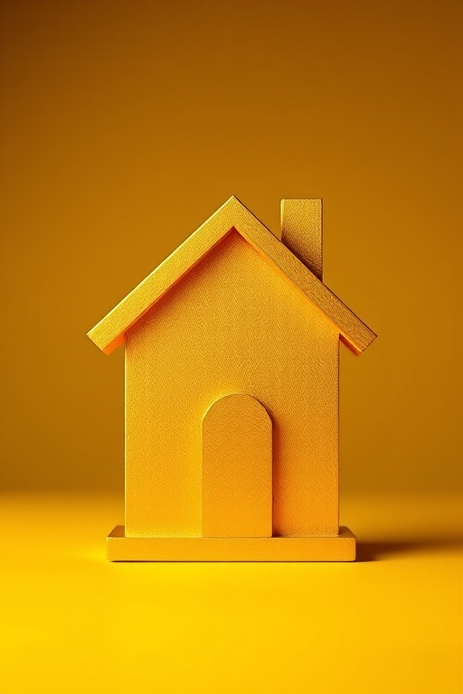 Create a high-resolution image of a gold house icon on a bright yellow background, using a Canon EOS R5 camera with a 50mm lens, f/1.8 aperture, ISO 100, shot from a straight-on view with soft lighting for a polished look.