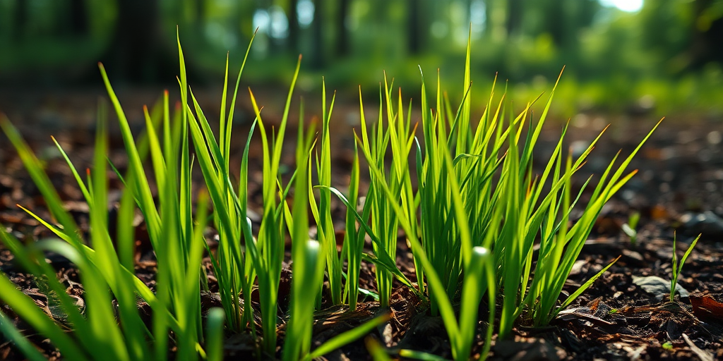 Image of vibrant green grass emerging from rich brown forest soil, captured in early morning light with a shallow depth of field, using a DSLR camera, 85mm lens, aperture f/2.8, ISO 100, shutter speed 1/200s, focus on foreground grass with blurred background foliage to enhance texture and depth.