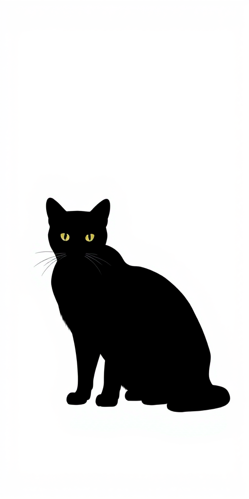 Create a highly detailed vector illustration of a minimalist black cat silhouette against a white background, captured with a Canon EOS R5 at f/2.8, ISO 100, 1/200 shutter speed, in a straight-on view with soft lighting to enhance contrast and clarity.