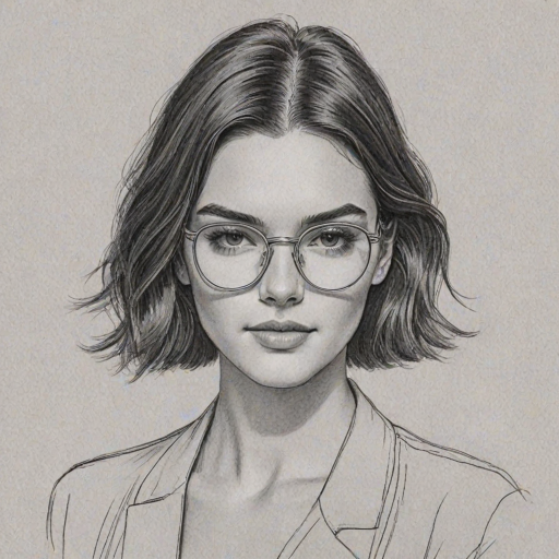 Lovely Kendall Jenner, pencil sketch, portrait of Comely woman 1930s in glasses, hair style beatnik, outline, clear lines, fine lines, 8k
