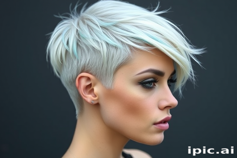 Striking platinum blonde pixie cut with edgy electric blue tips, Ice Queen Rebel design, showcasing razor-sharp layers and asymmetrical fringe, textured for maximum impact and effortless cool