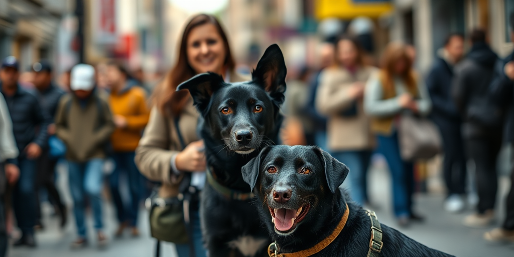 Capture a street scene featuring a woman standing next to a black dog, with a blurred crowd in the background, using a Canon EOS R5, 50mm lens, f/1.8 aperture, ISO 100, and a shallow depth of field for vibrant colors and sharp focus on the subjects.