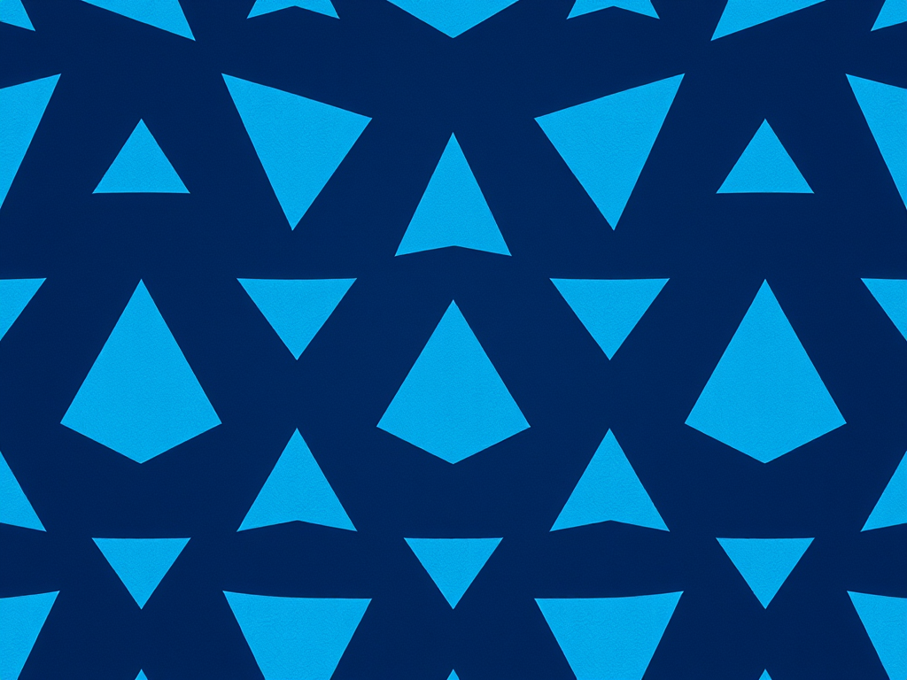 Create a seamless pattern of blue triangles on a dark blue background, shot with a Canon EOS R5, 50mm lens, f/8 aperture, ISO 100, in a top-down view to enhance texture and depth.
