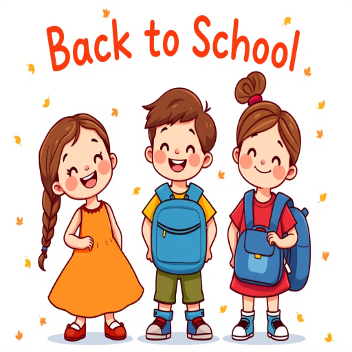Create a vibrant and engaging illustration of three cartoon children celebrating "Back to School," featuring a girl with braids in an orange dress, a boy in a yellow shirt and blue backpack, and a girl with a bun in a red shirt, set against a light blue background with autumn leaves gently falling, using a digital art style, in a high-resolution format with a focus on bright colors and clean lines, simulated camera settings: f/8 aperture, ISO 100, 35mm lens, soft natural lighting for a cheerful atmosphere.