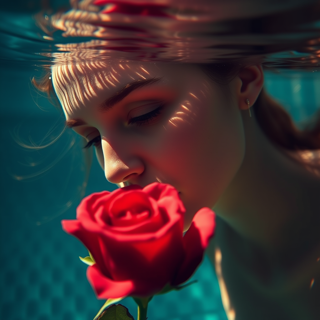 A woman underwater, gazing at a rose Her face is reflected in the water's surface The scene is illuminated by sunlight filtering through the water The atmosphere is serene and contemplative