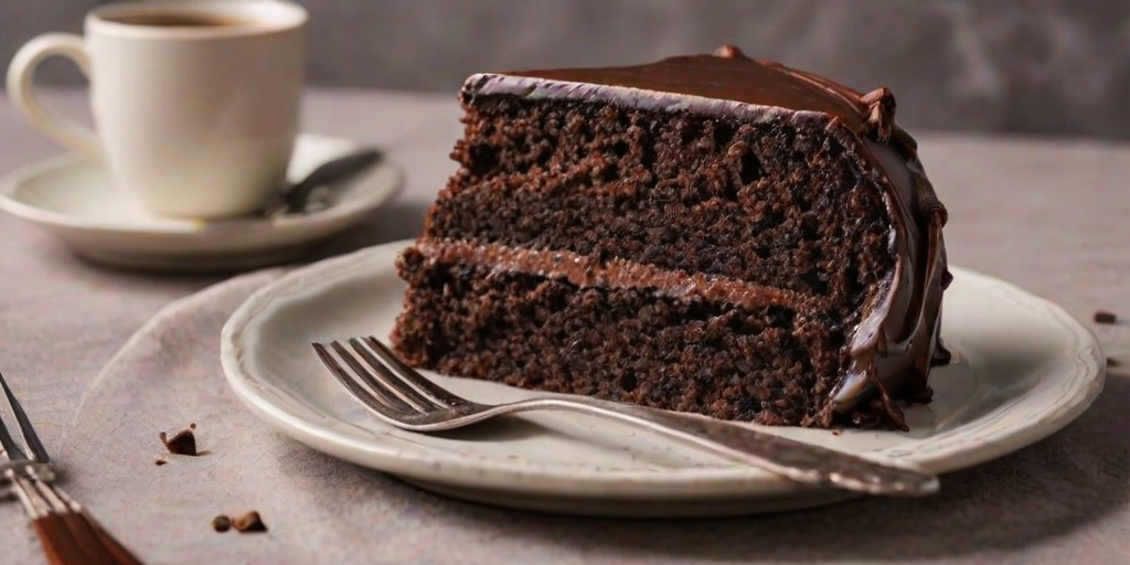 Generate an image of a slice of rich chocolate cake on a plate. The cake should have multiple layers with dark chocolate frosting and a glossy finish. Include a fork resting beside the plate and a textured, neutral background to enhance the focus on the cake.