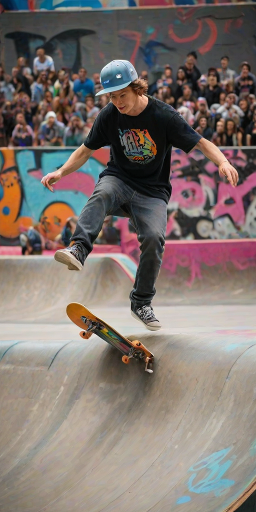 Blurry action shot of a skateboarder performing tricks at a halfpipe, with vibrant graffiti art on the walls and a cheering crowd softly blurred in the background.