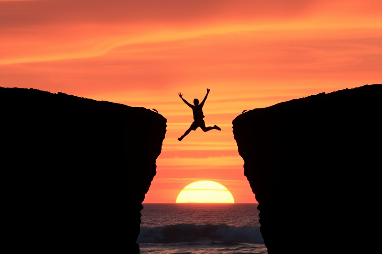 Silhouette of a person jumping between two cliffs at sunset over the ocean with vibrant orange and pink sky, captured with a DSLR camera, 50mm lens, aperture f/2.8, ISO 100, shutter speed 1/500 sec, in landscape mode.
