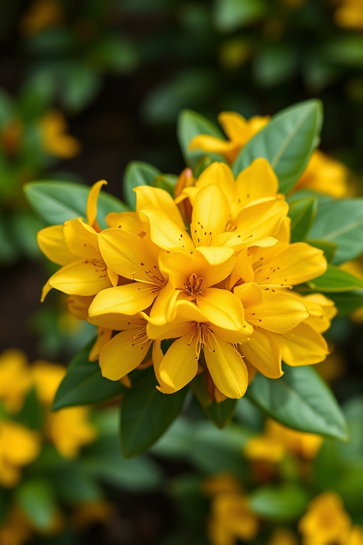 Create a high-resolution image of a vibrant cluster of yellow azalea flowers with lush green leaves, shot with a DSLR camera at f/2.8 aperture, 50mm lens, natural lighting, in a macro view to enhance the detail and color richness.
