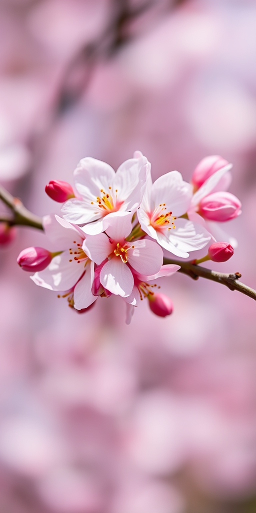 macro shot of blooming cherry blossoms on a branch with a blurred background, ISO 100, aperture f/2.8, shutter speed 1/500s, 50mm lens, natural light, DSLR camera