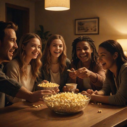 Warmly lit image of a group of friends gathered around a table for a game night, soft glow from a nearby lamp casting warm shadows, the smell of popcorn and excitement filling the room.
