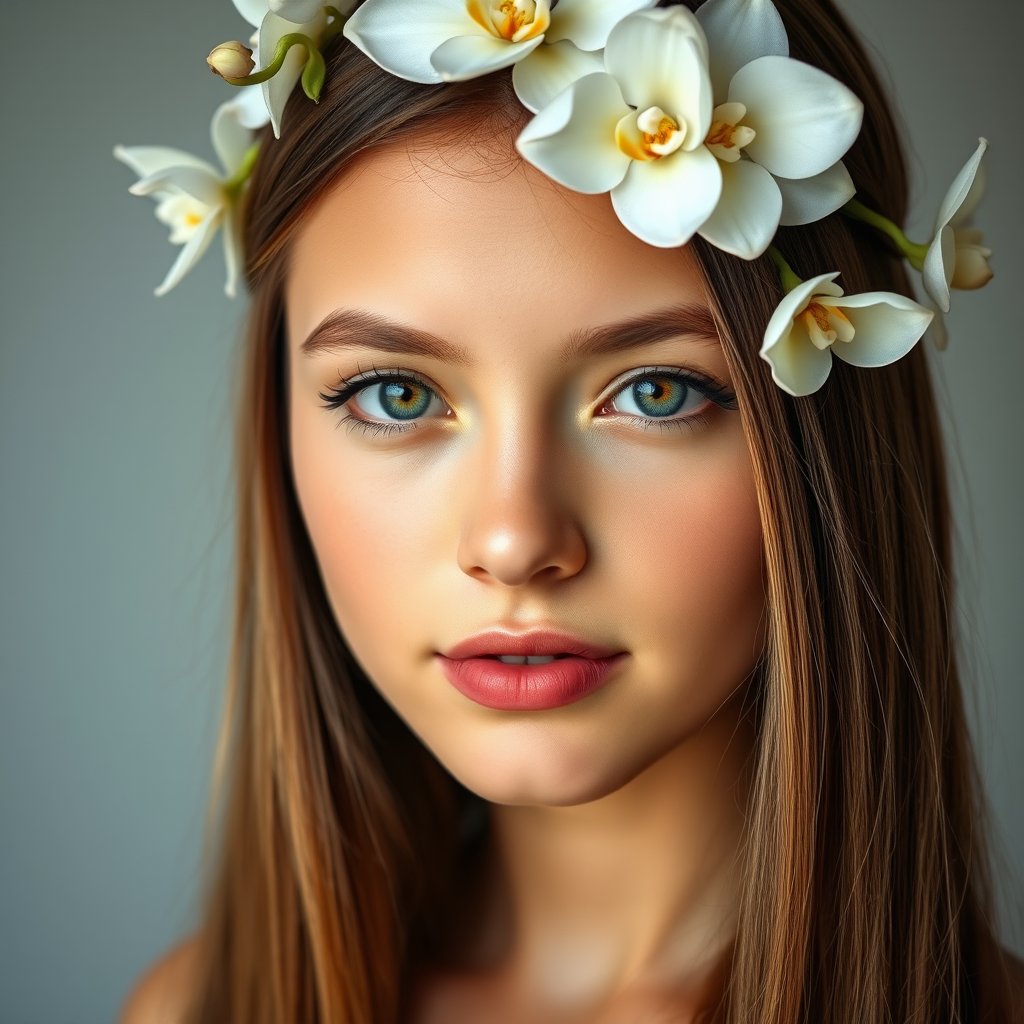 Close-up portrait of a young woman with long straight hair adorned with a floral crown made of white orchids, soft studio lighting, shallow depth of field, ISO 100, f/2.8, 85mm lens, natural skin tones, high resolution, minimalist background.
