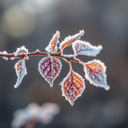 Capture a close-up of frost-covered leaves on a slender branch with a soft focus background, using a DSLR camera, 100mm macro lens, aperture f/2.8, shutter speed 1/200s, ISO 100, natural backlighting to emphasize the translucence and detail of the leaves.