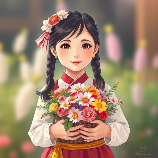 Create a high-resolution illustration of a young girl in traditional attire, holding a basket of flowers, shot with a DSLR camera at f/4 aperture, 50mm lens, natural lighting, vibrant colors, and a soft focus background to enhance details.