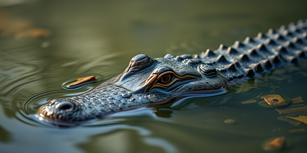 Create a hyper-realistic image of a crocodile partially submerged in water, captured with a Canon EOS 5D Mark IV, 85mm lens, f/2.8 aperture, ISO 200, and a shallow depth of field to enhance detail and texture in the water and the crocodile's scales.
