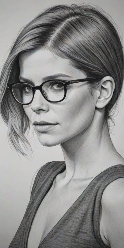 Fetching Kate Mara, pencil sketch, portrait of Delightful woman 1924s in glasses, hair style beatnik, outline, clear lines, fine lines, 8k